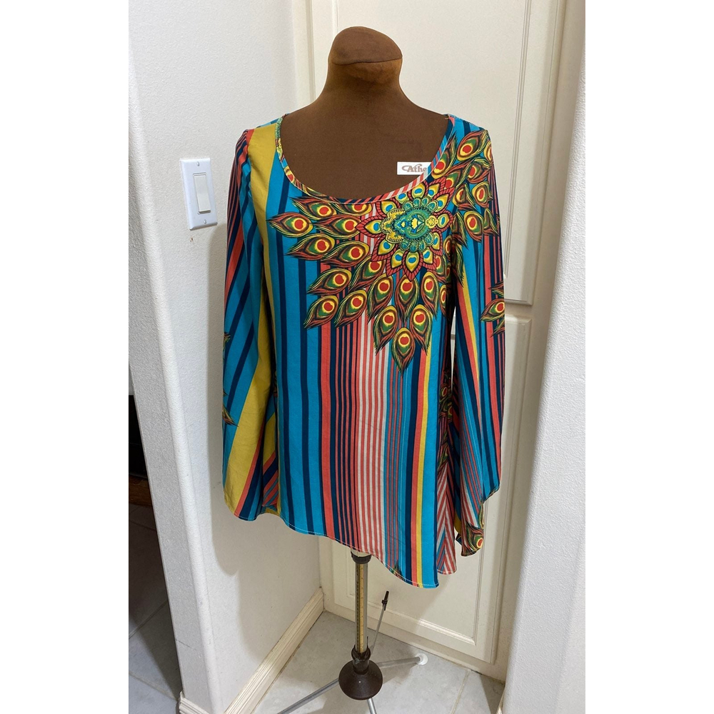hello miss Colorful Striped Top w/ Peacock Design